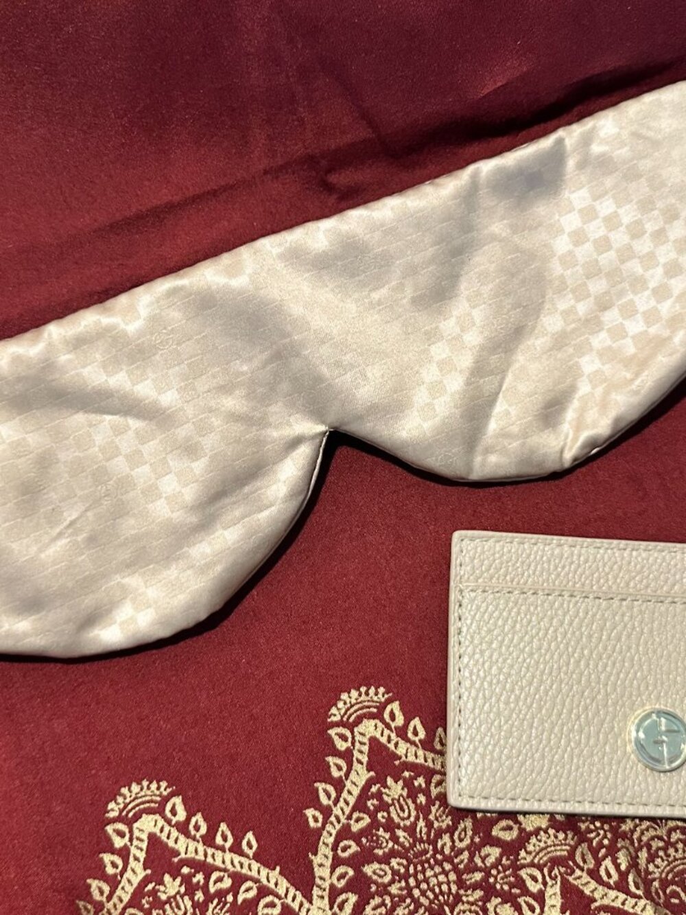 Set: Giorgio Armani Cream Pebbled Leather Card Holder and Silk Eye Mask